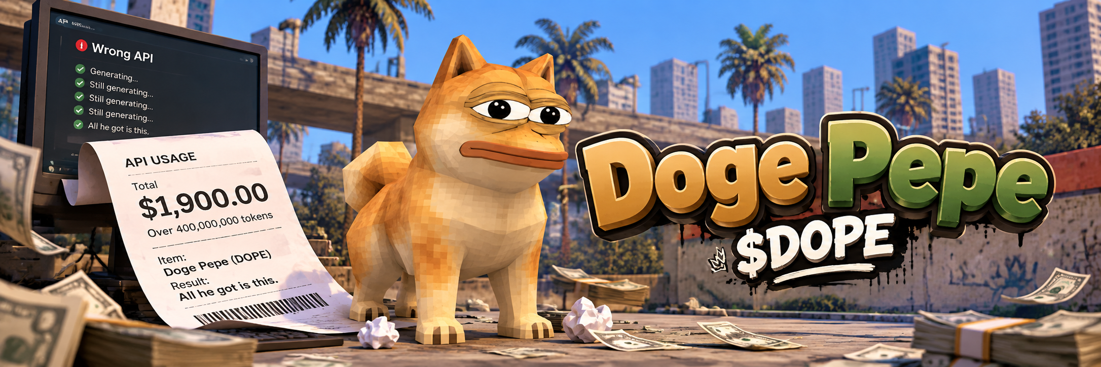Doge Pepe stands in warm sunlight on a city street with palm trees, an overpass, and apartment blocks. A monitor reads Wrong API, a long receipt totals $1,900, and the Doge Pepe $DOPE logo is painted on the wall.