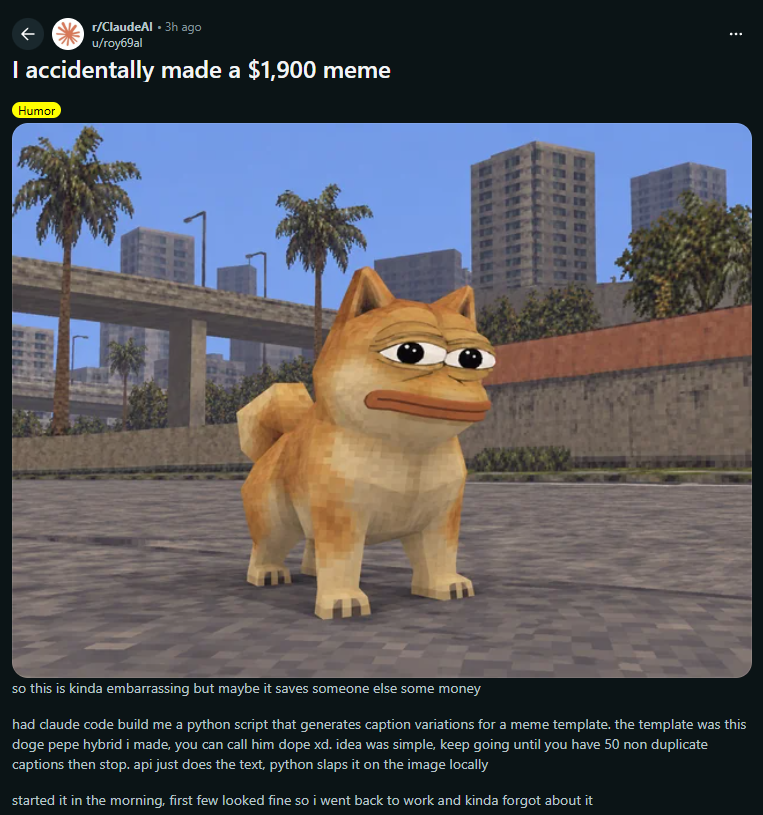 Screenshot of a Reddit post titled I accidentally made a $1,900 meme, showing the low-poly Doge Pepe character standing on a city street.